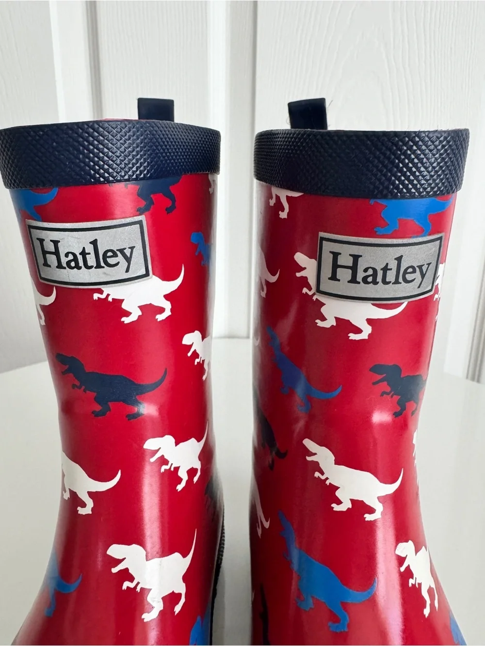 Hatley Red Rain Boots with Blue, White & Black T-Rex Dinosaur Print, size 11